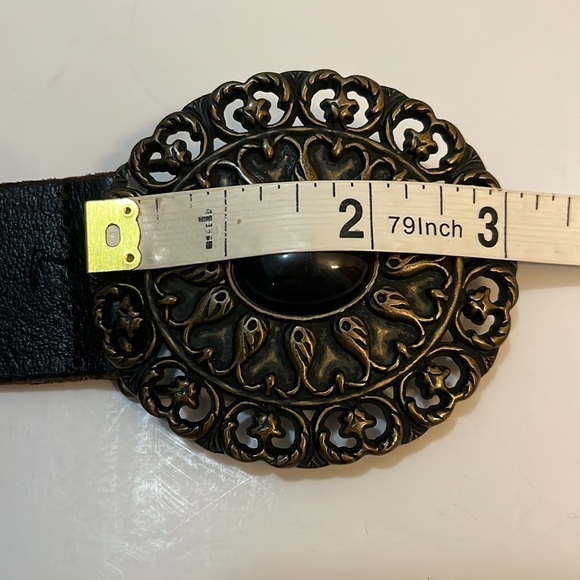 Brown Leather Belt 3” Bronze Buckle w/ Glass Jewel Women's Medium - Picture 8 of 12